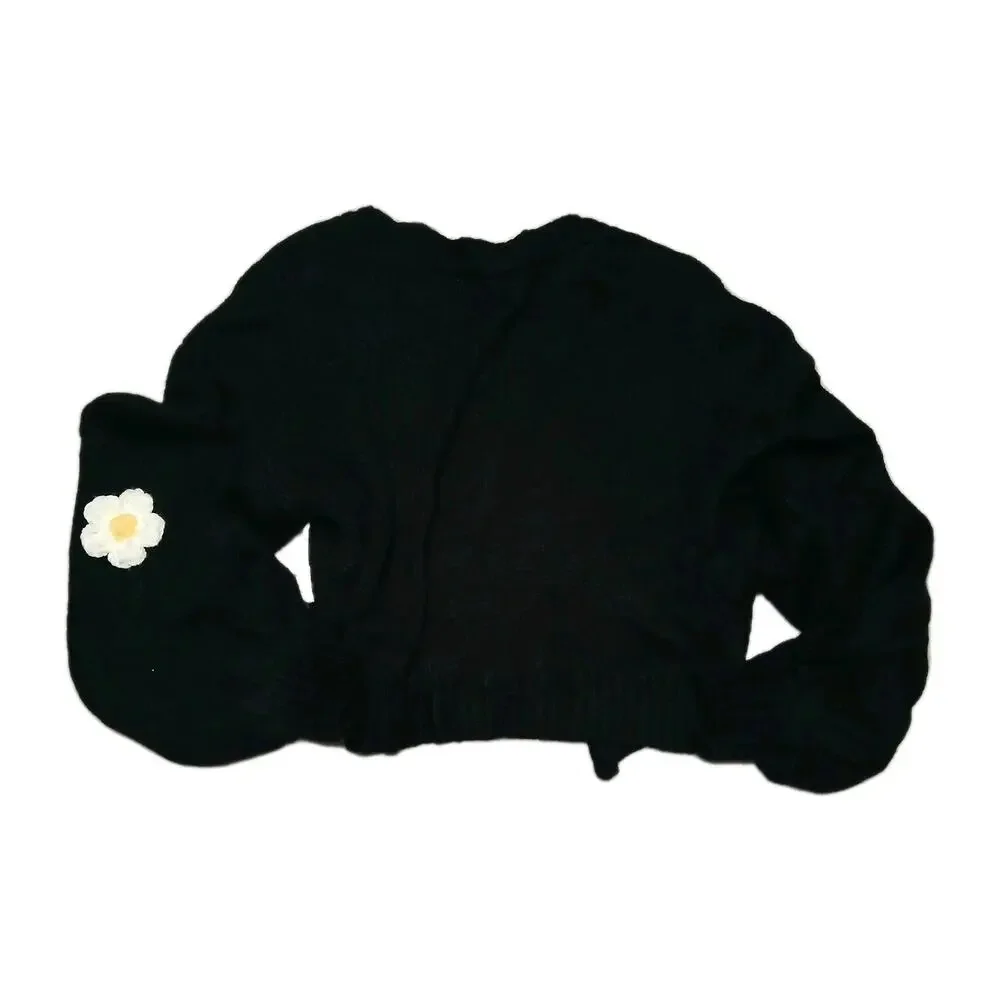 Love Tree Women’s Small Black‎ Daisy Knit Cardigan Sweater Balloon Sleeve Kawaii